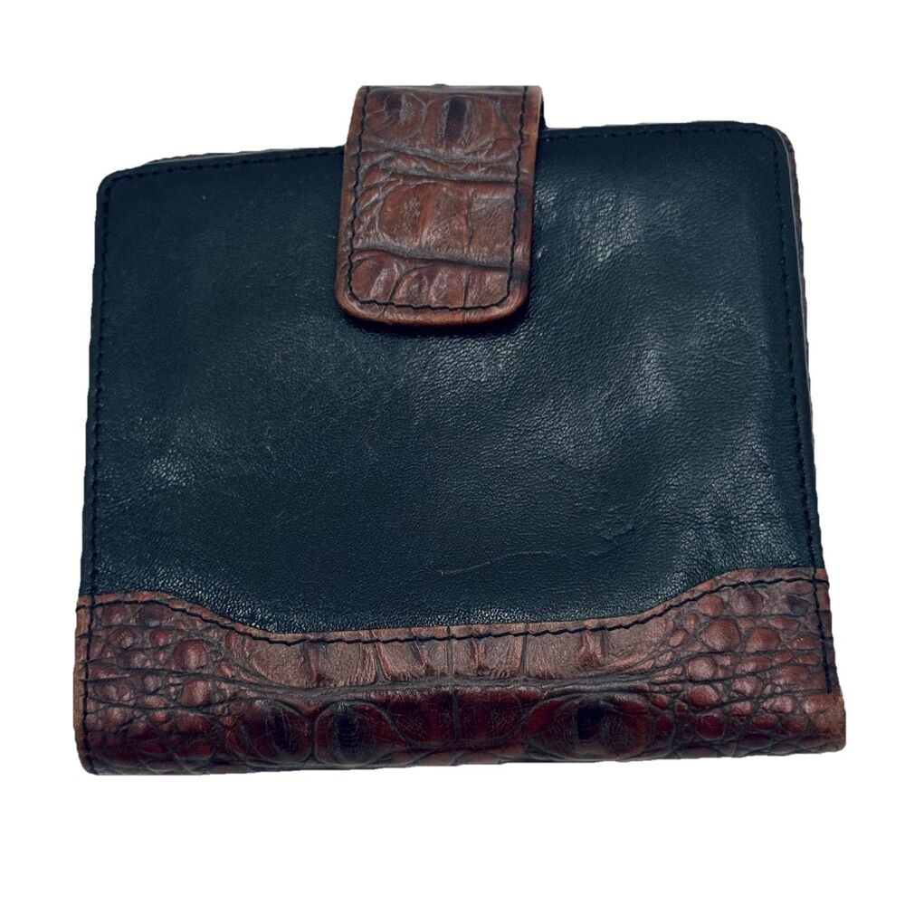 Brahmin Croc Embossed Bi-fold Black Brown Leather Wallet Kiss Lock Change Pocket